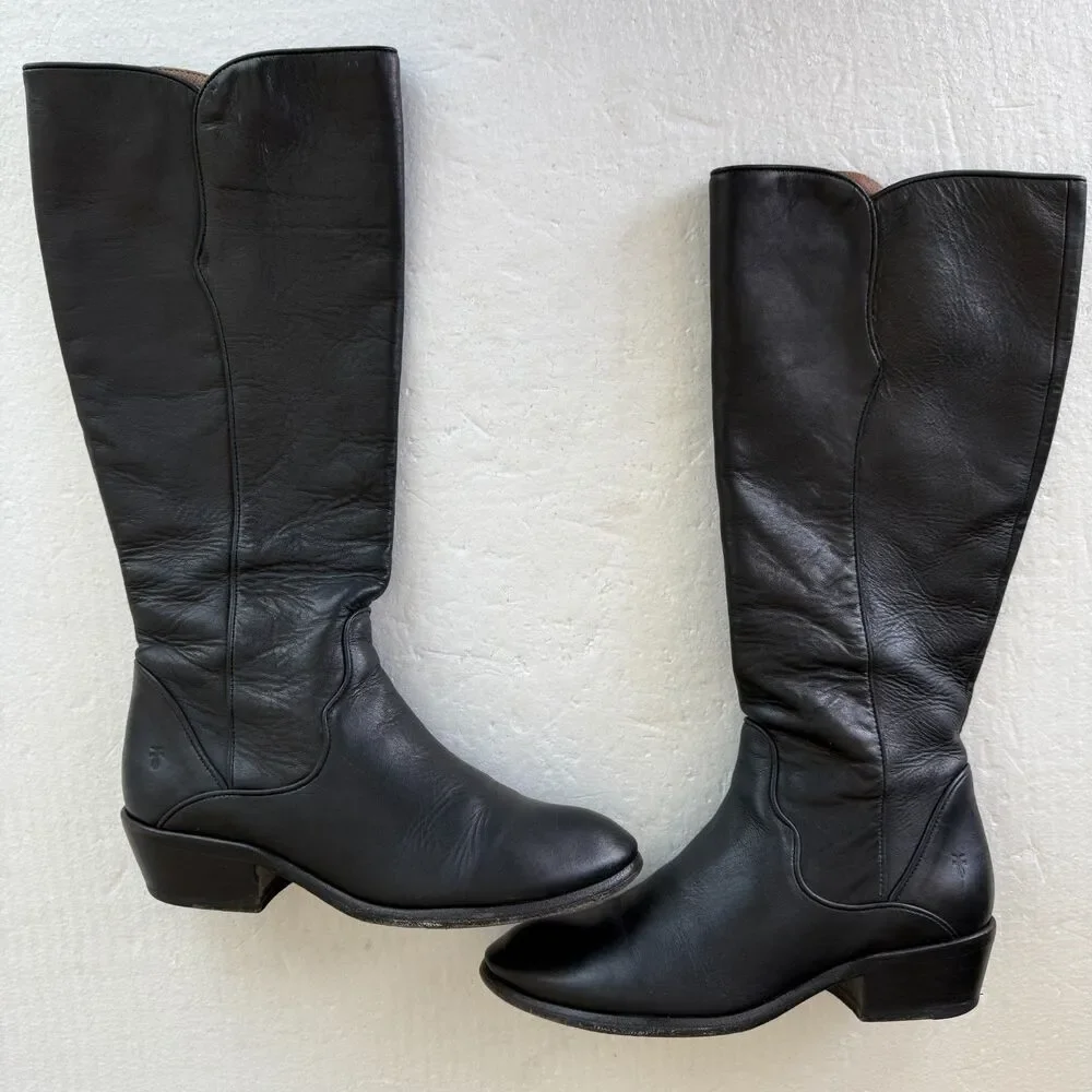 Size 8M - Frye Carson Piping Tall Black Leather Women’s Boots - Picture 1 of 10